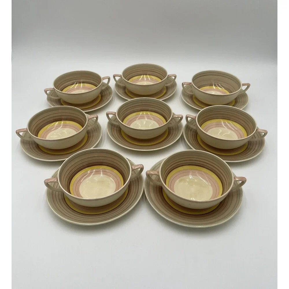 Vintage Susie Cooper Crown Works Cream Soup Bowls & Saucers Wedding Band